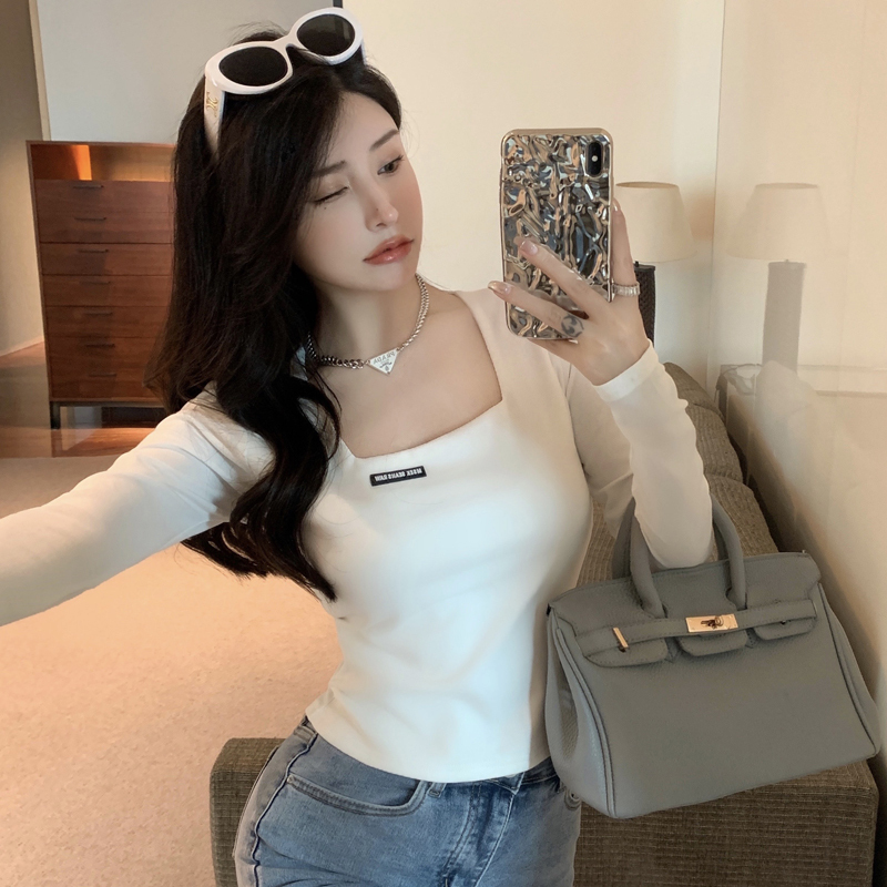 實拍 長袖T恤女修身顯瘦2024早春新款棉韓版氣質簡約高腰短款上衣