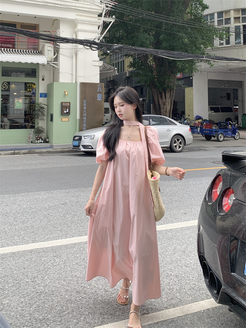 Real shot ~ Backless puff sleeve dress for women, sweet pink princess dress