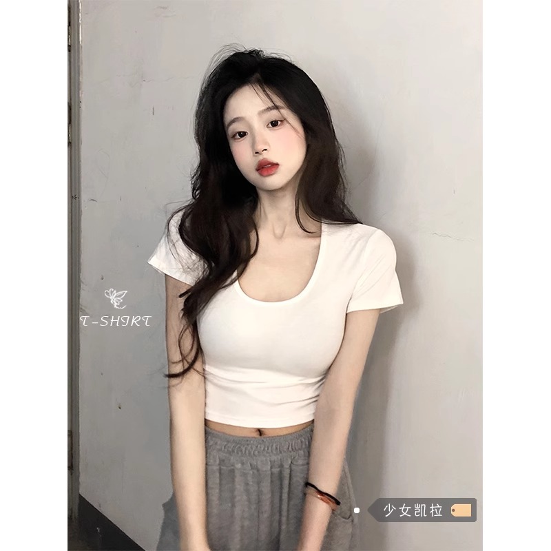Official picture 92 cotton/8 spandex 40 count 210g pure cotton white U-neck short shoulder T-shirt for women