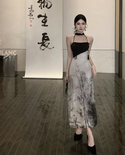 Actual shot of Chinese-style design ink print halterneck sleeveless dress