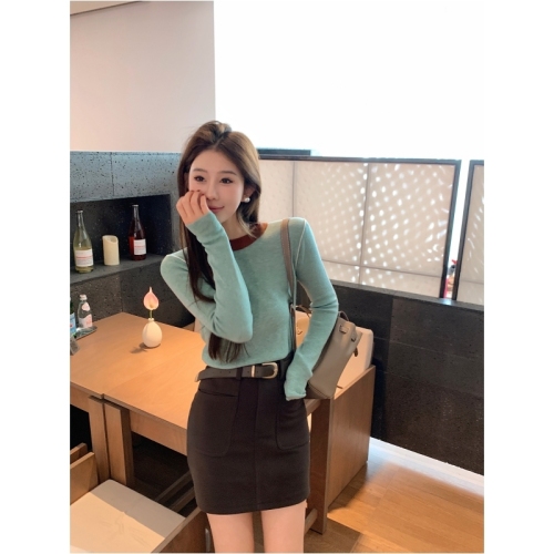 High-end round-neck contrast-color knitted base shirt for women, 2024 spring and autumn new style sweater, slim-fit lazy-style top