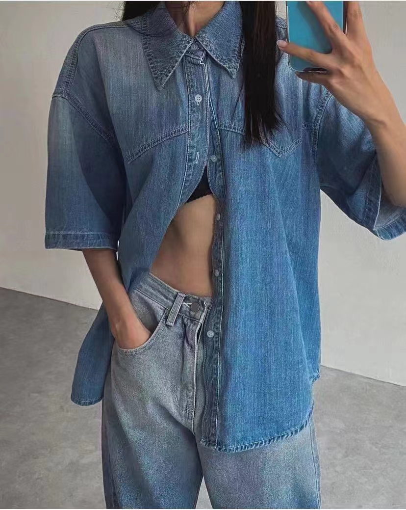 Korean 2024 new style women's lapel short-sleeved single-breasted shirt tops