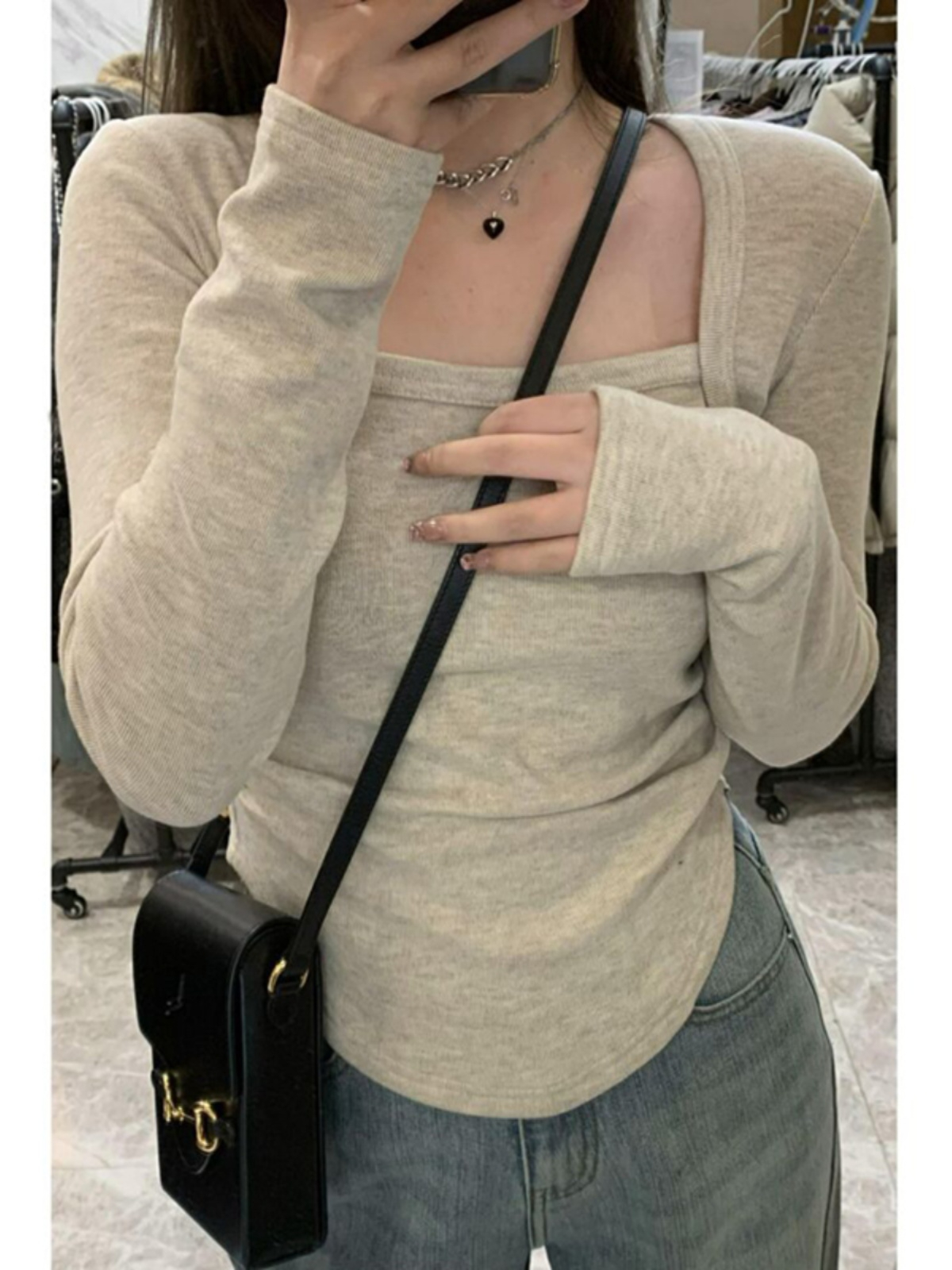 Square neck bottoming shirt women's niche slimming long-sleeved T-shirt irregular top