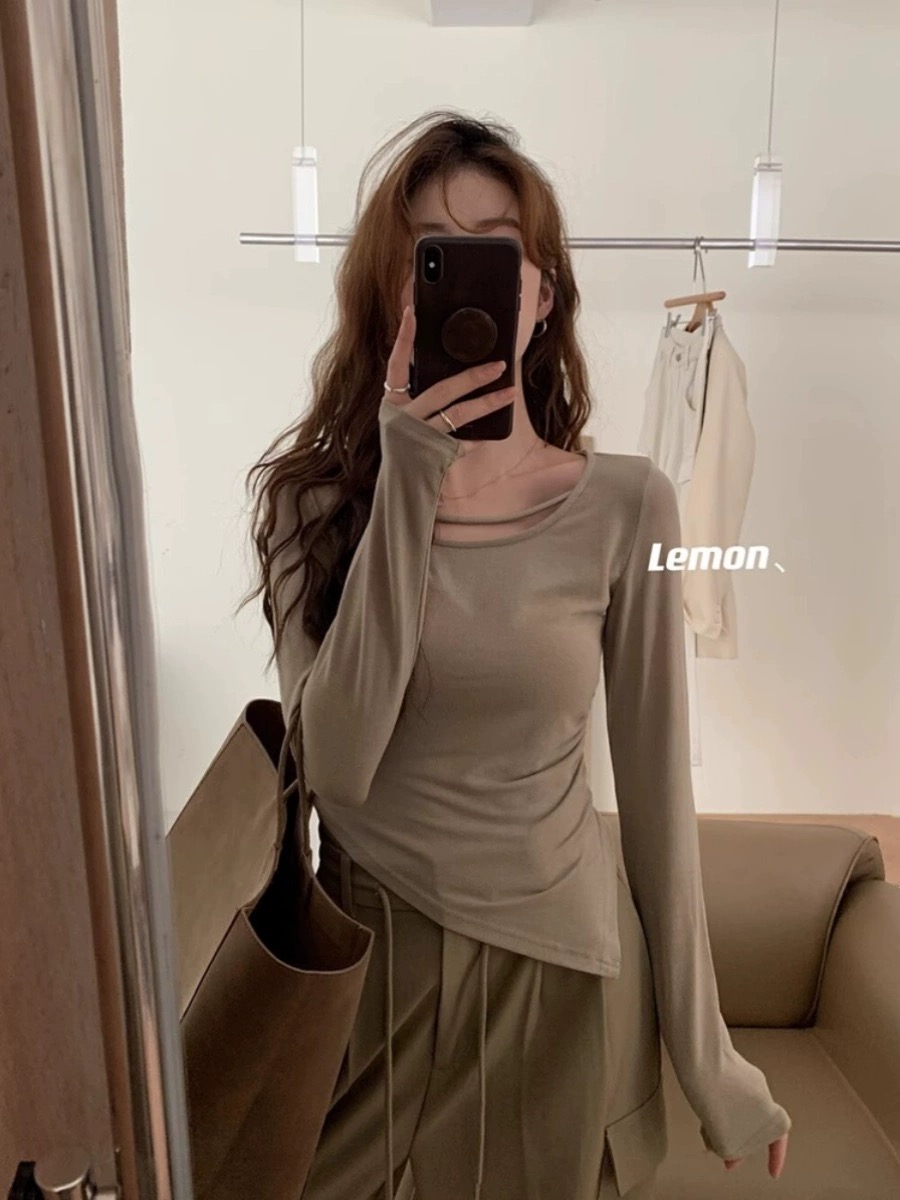 Inner long-sleeved T-shirt women's 2024 new style chic and beautiful small top with design sense of irregular hem bottoming shirt