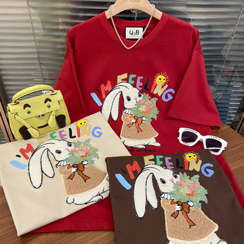 純棉重工刺繡兔子短袖t恤女裝2024年新款春夏小眾設計感寬鬆上衣