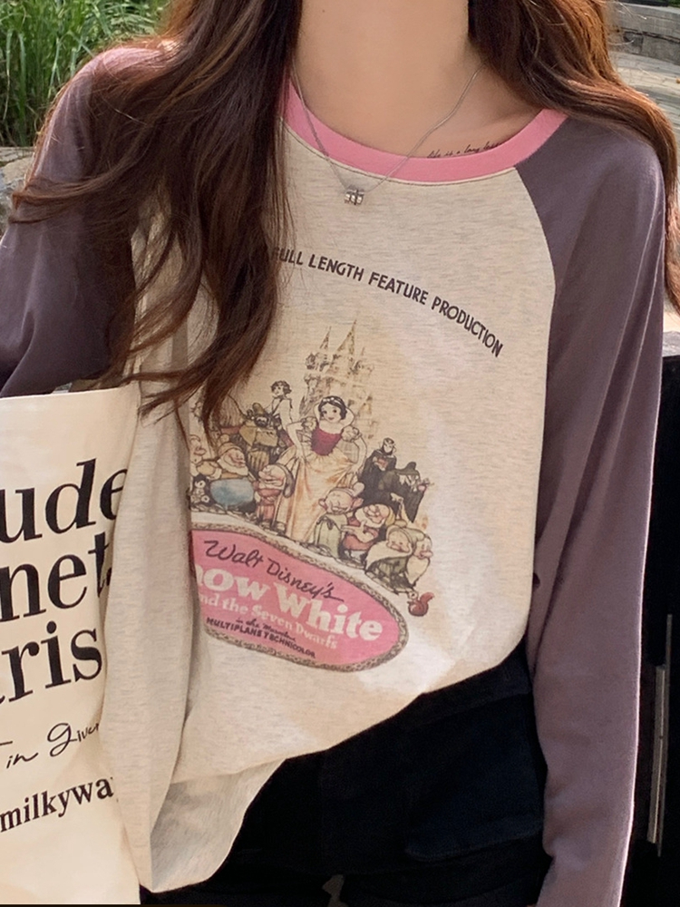 6535 stretch cotton loose contrasting color cartoon print splicing thin sun protection long-sleeved top