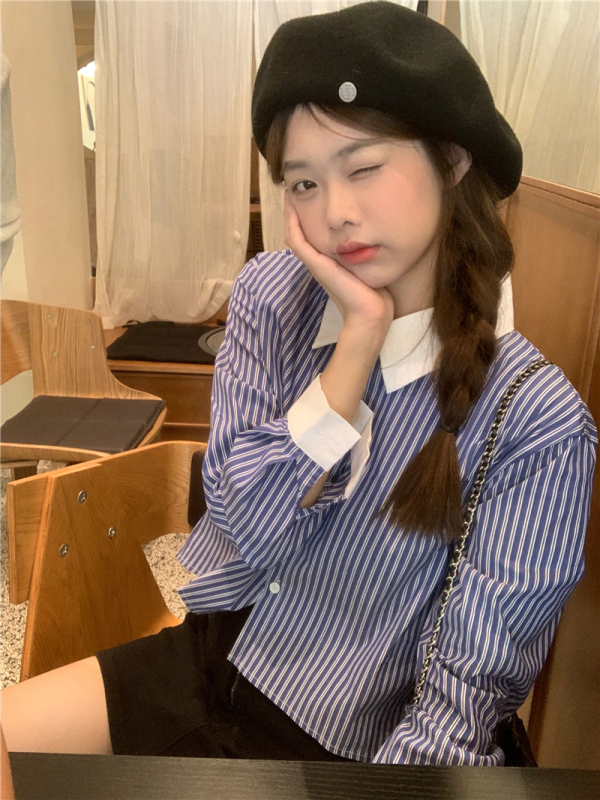 Actual shot of the new Korean style striped all-match casual age-reducing embroidery splicing lapel short long-sleeved shirt