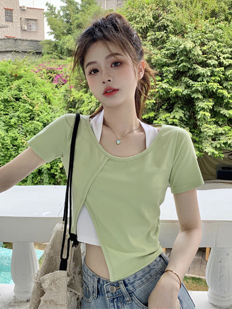 Fake two-piece halter neck short summer new design hot girl slim irregular top