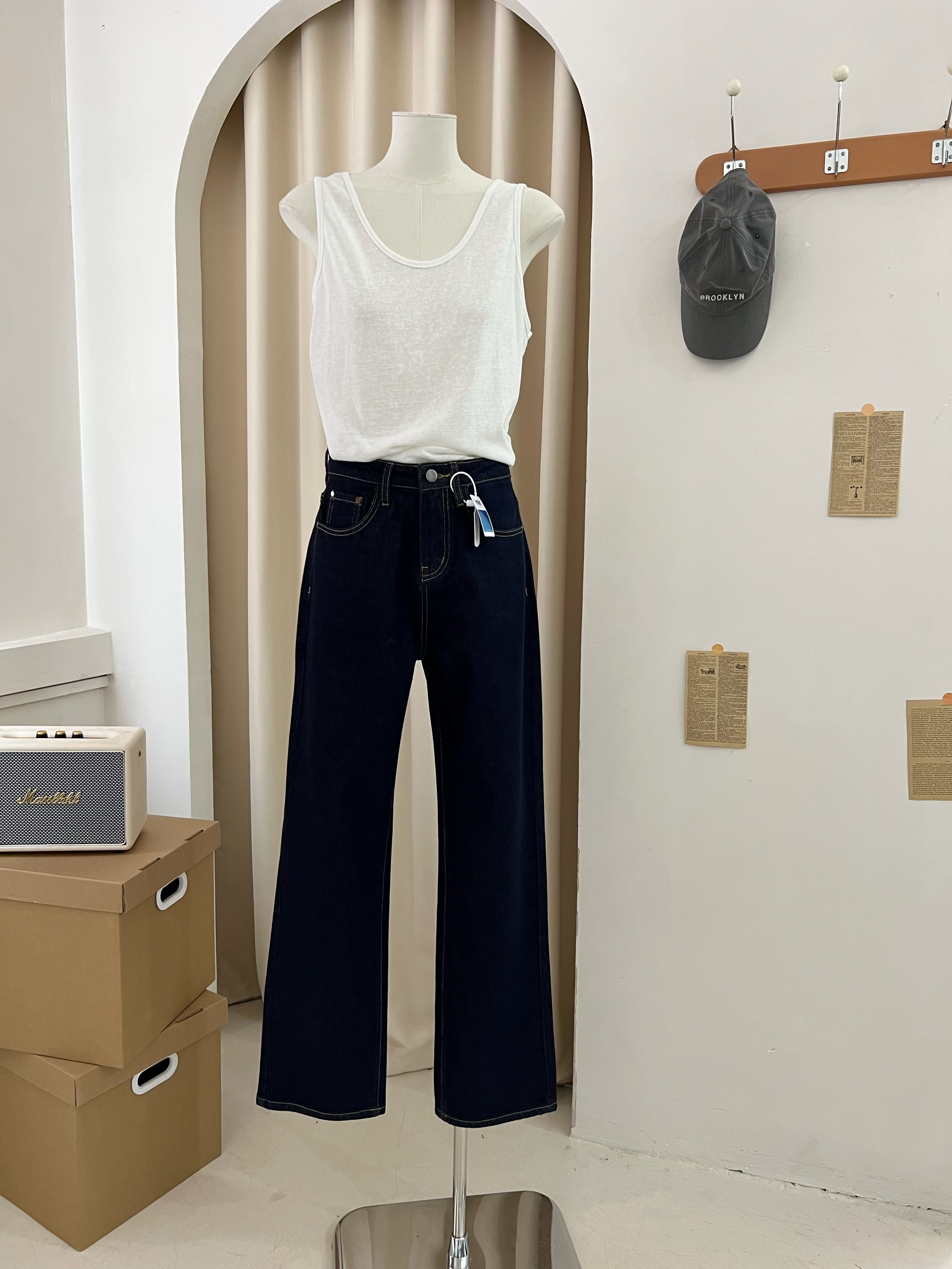 Jessica star same style wide leg jeans women's high waist spring and autumn dark blue raw denim straight pants