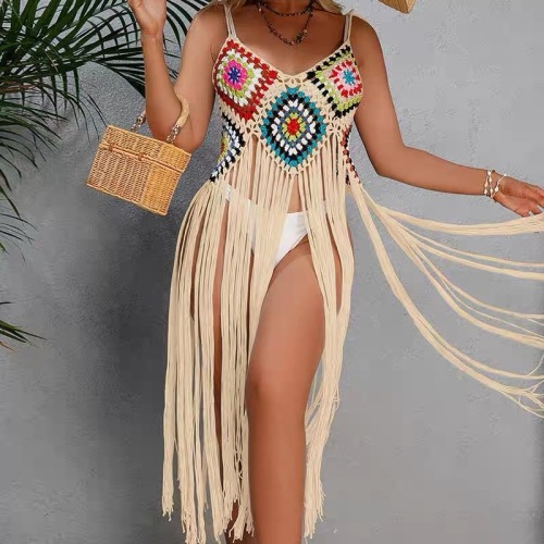 Casual holiday hand hook sexy suspender hollow long tassel solid color seaside beach swimsuit bikini cover-up skirt for women