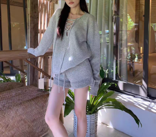 2024 spring new cross hollow sexy design long-sleeved sweater shorts suit