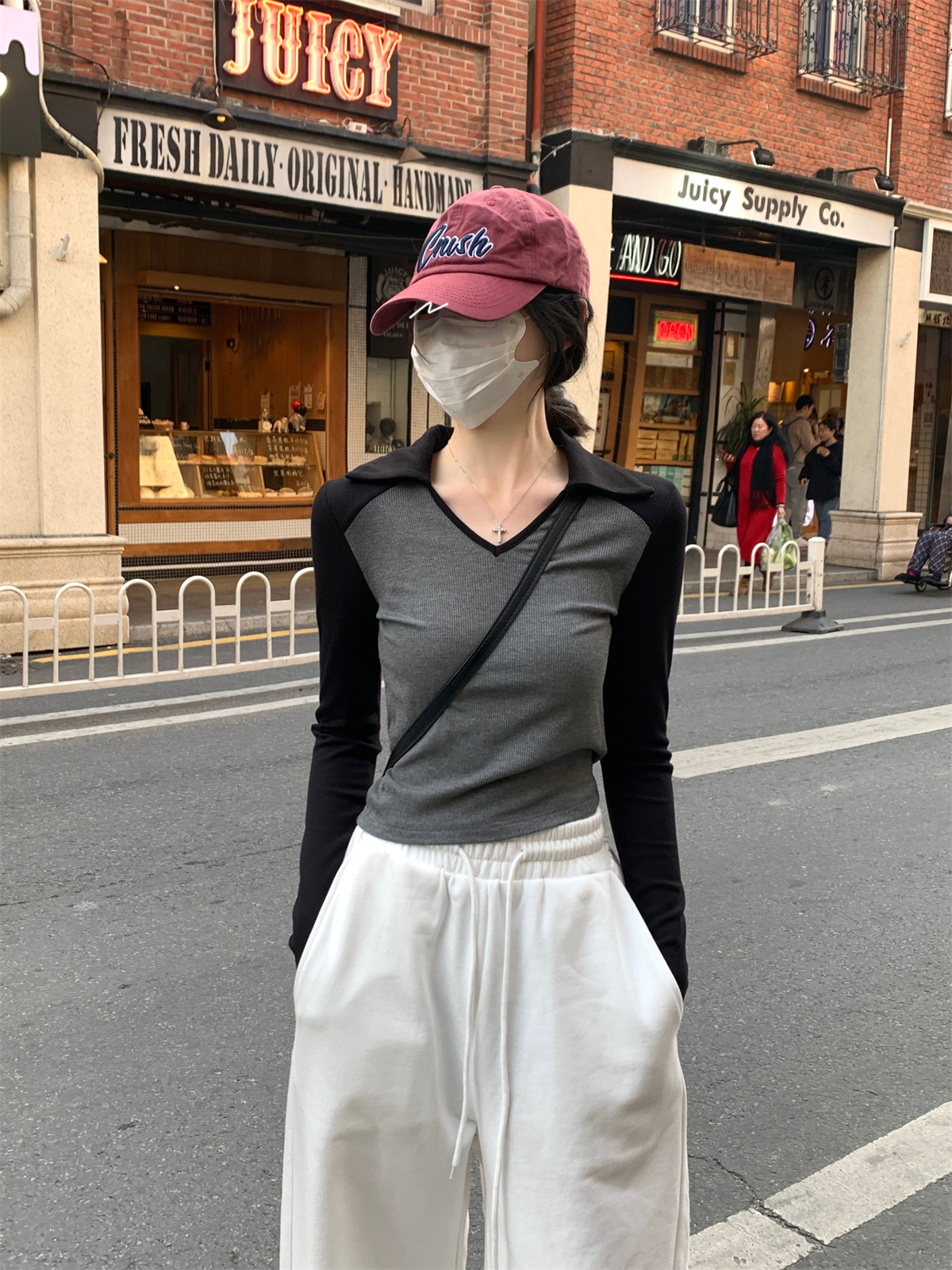 實拍 春季韓版插肩撞色氣質polo領修身百搭長袖T恤女上衣