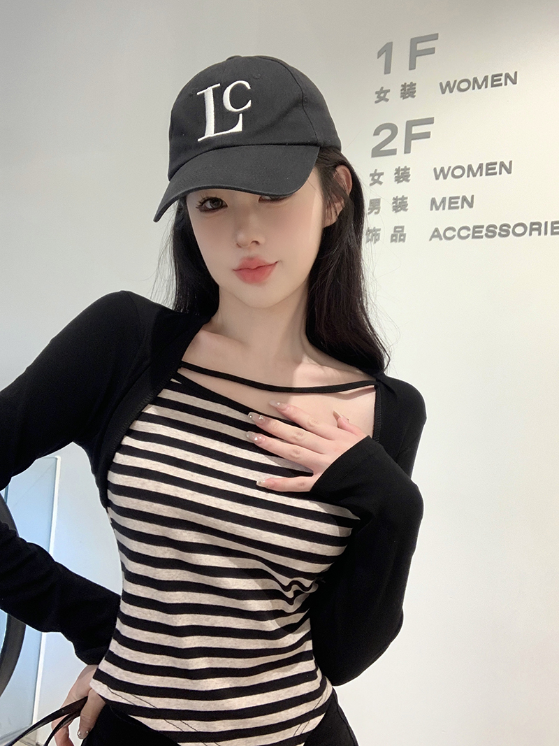 實拍  設計感條紋拼接假兩件套顯瘦氣質針織上衣女