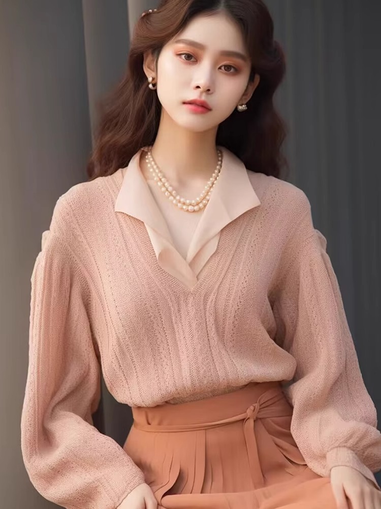 高級感超好看粉色毛衣女秋冬新款慵懶風歐貨漂亮假兩件針織衫上衣