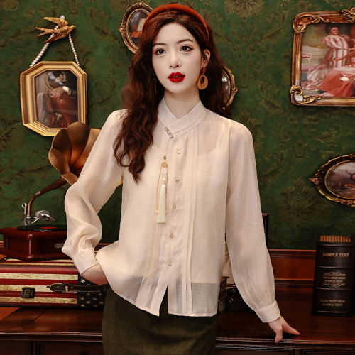 Actual shot of 2024 new Chinese style national style stand collar buttoned loose tassel puff sleeve apricot shirt top two-piece set