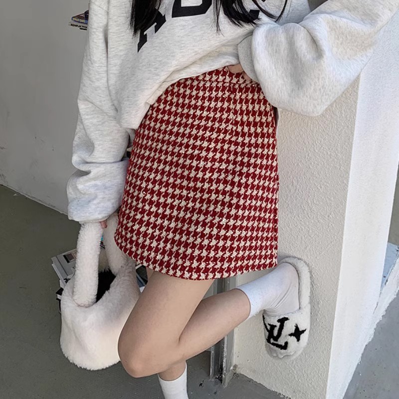 拉鏈+內里 a字半身裙女小個子顯瘦包臀短裙千鳥格子少女裙子