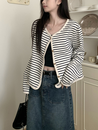 Real shot~Large size slim fashion spring and autumn coat for women chic casual retro commuter top short striped cardigan