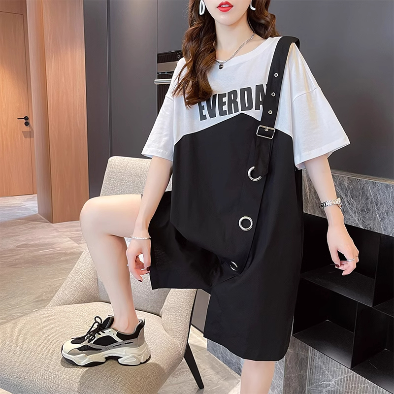 Real shot of 6535 cotton mid-length 2024 new spliced ​​fake two-piece short-sleeved T-shirt plus size women's dress
