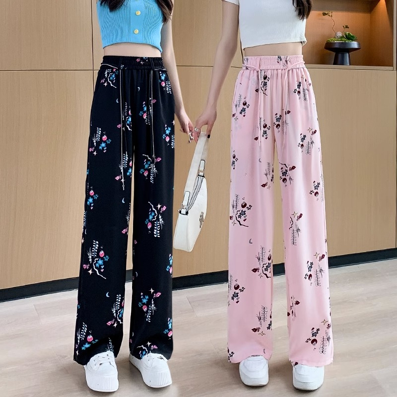 原版做工2024年夏裝新款女士時尚顯瘦闊腿休閒褲高腰印花褲子