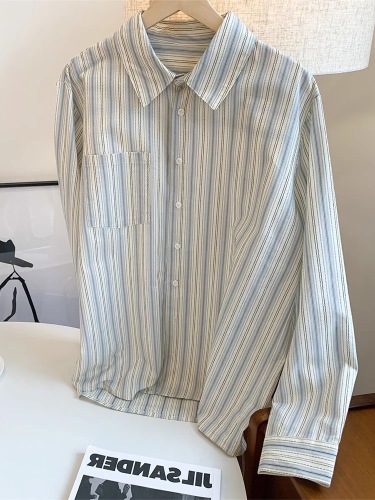 Net picture blue striped shirt 2024 early spring women's French style loose and high-quality inner long-sleeved top