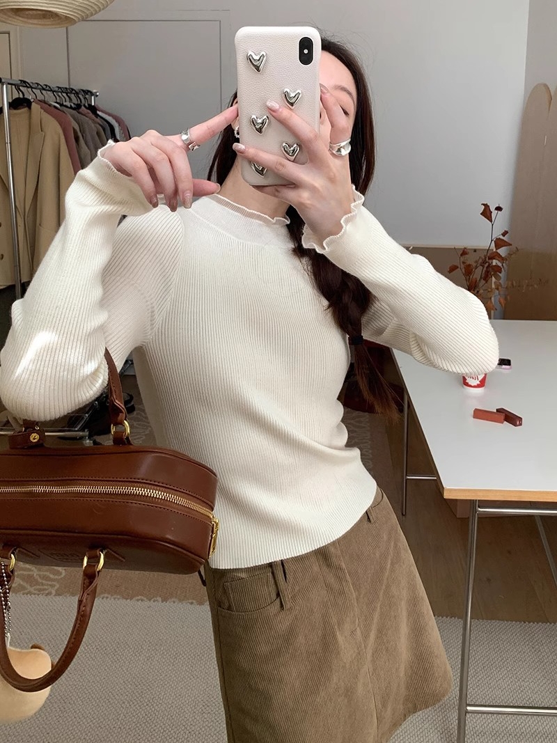 白色木耳邊半高領立領內搭打底衫女新款高級感針織衫上衣純色休閒