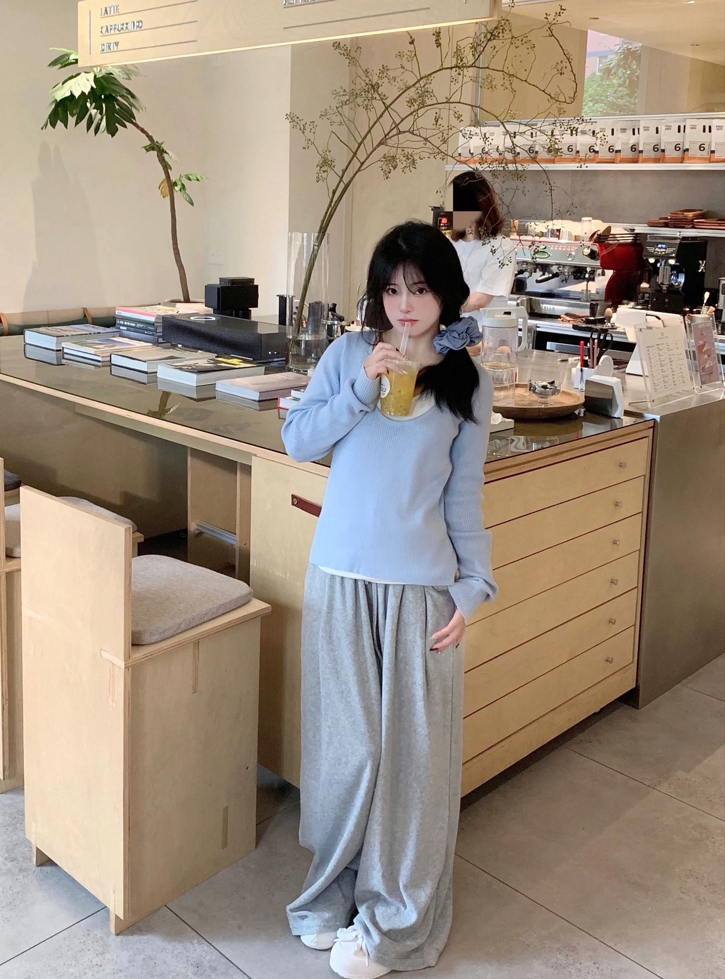 已出貨 超好看假兩件撞色拼接長袖針織衫溫柔風寬鬆休閒顯瘦上衣