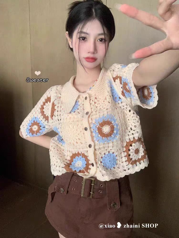 波西米亞鏤空鈎花短袖開衫女夏季多巴胺別致polo領短款民族風上衣