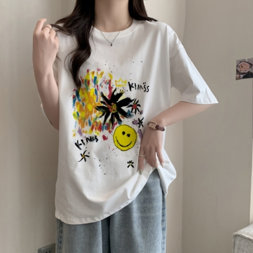 Real shot 100% cotton combed cotton printed summer short-sleeved T-shirt women's loose Korean style