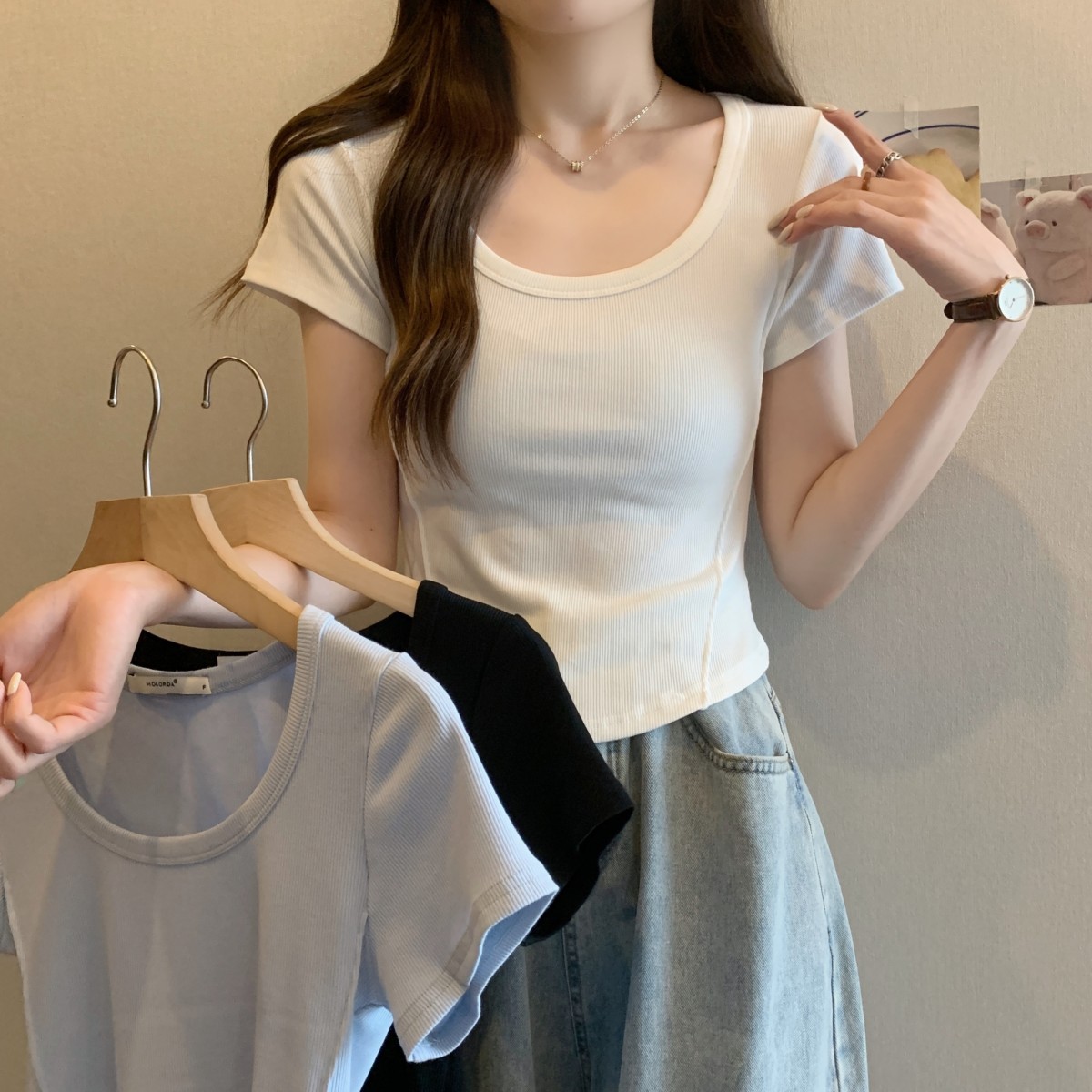 Actual shot of spring and summer Korean style slim-fitting fishbone design short pure cotton versatile short-sleeved T-shirt for women