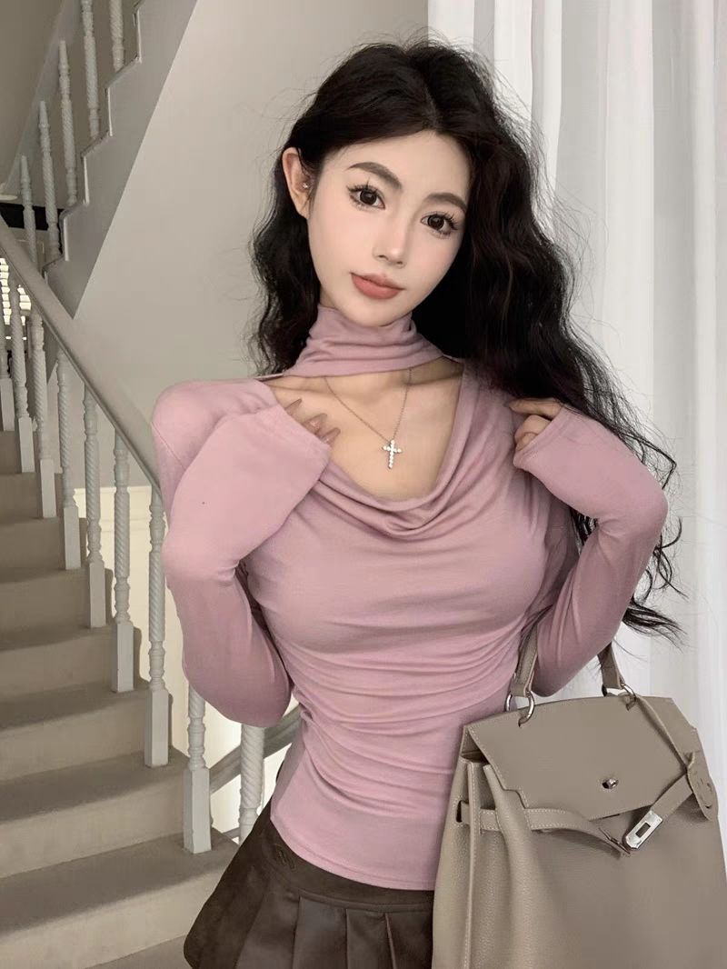 Already shipped Korean style simple wind collar long-sleeved T-shirt women's spring and autumn design pure desire gentle slim fit top
