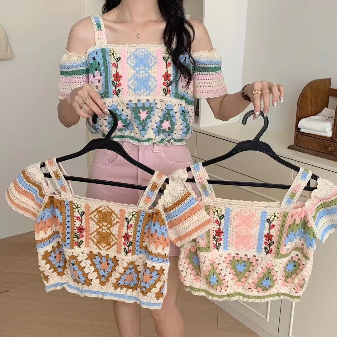 短袖襯衣女設計感小眾名媛風夏復古甜美減齡縷空鈎花針織法式上衣