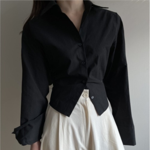 Early spring temperament lapel sexy backless cross strap design buttoned slim long-sleeved shirt