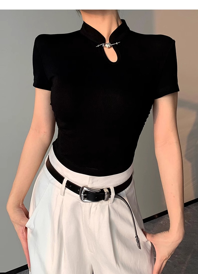 黑色正肩短袖t恤女夏季2024新款設計感小眾改良旗袍中式國風上衣