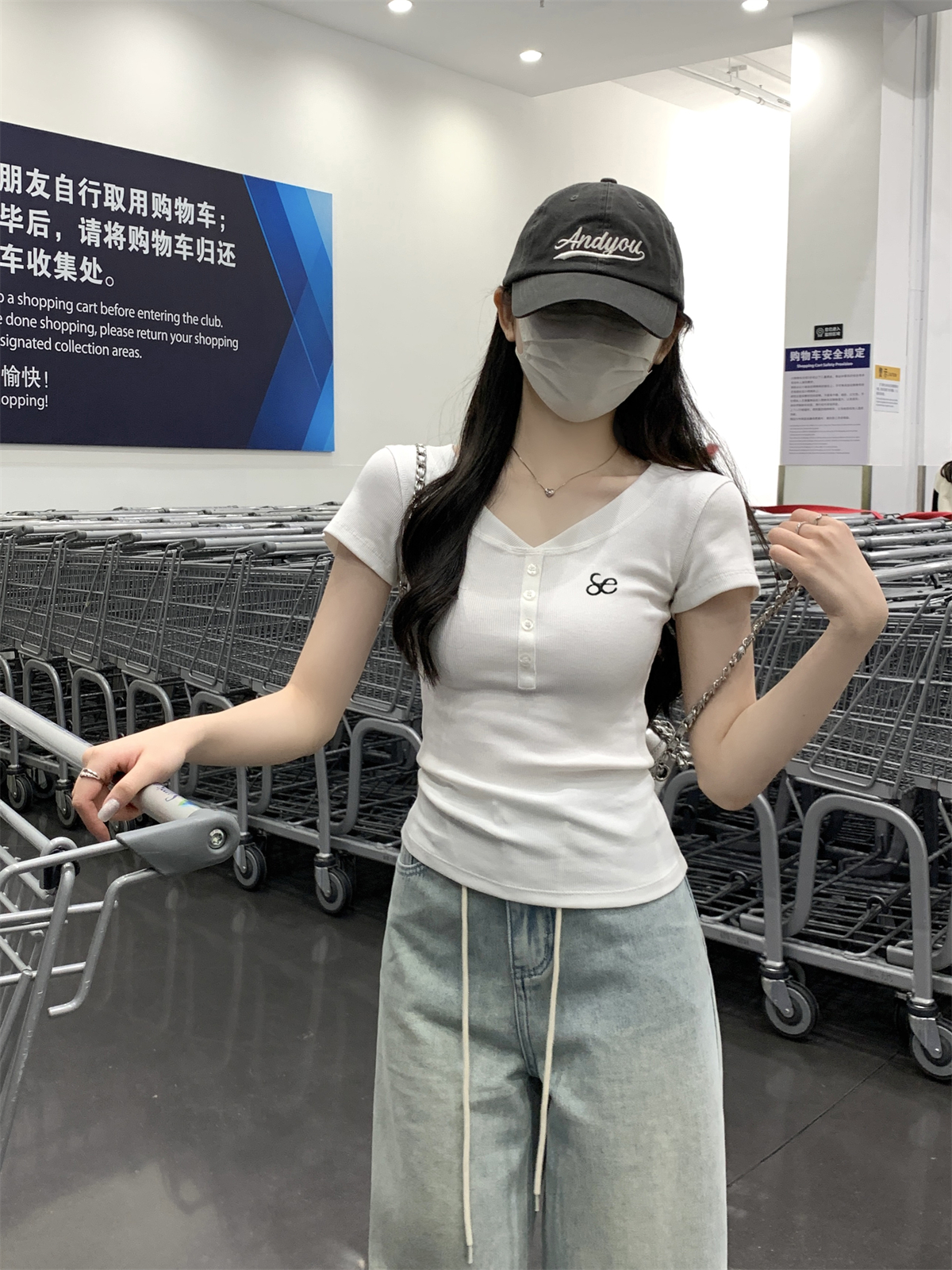 實拍 春夏韓版新款修身紐扣刺繡設計感百搭純棉短袖女上衣T恤