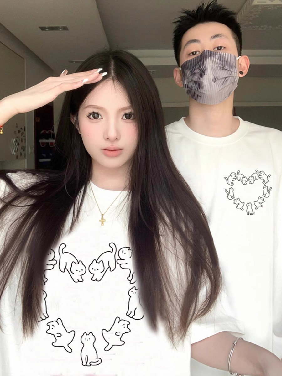 2024 New Year Couple Outfits Early Spring and Summer Trendy Brand High-Quality Short-Sleeved T-Shirts Valentine's Day Pure Cotton Loose Tops for Men