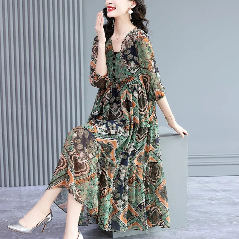 Broad lady large version fat MM dress women's summer 2024 new high-end chiffon retro floral skirt temperament skirt
