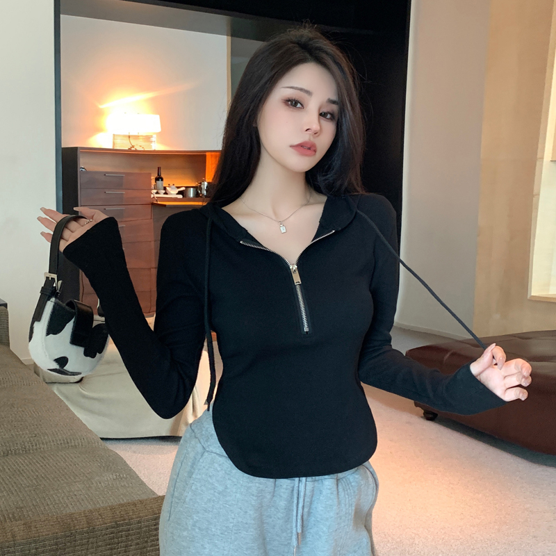 Real shot of loose hooded sweatshirt for women 2024 new spring white top ins super popular niche zipper bottoming shirt