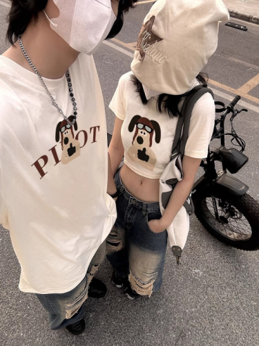 Special internet celebrity couple short-sleeved T-shirt 2024 new disoo different one long one short super hot suit trend