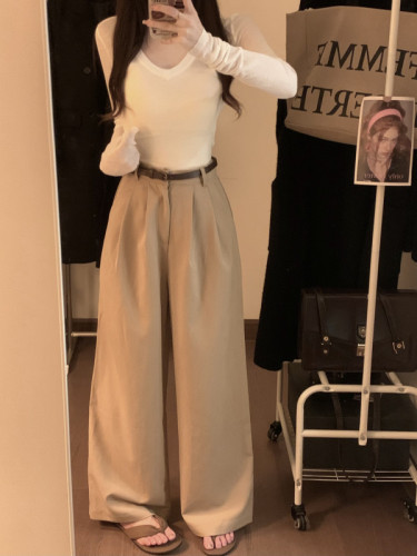 Actual shot~ Hollow-out waist V-neck long-sleeved T-shirt + drapey suit pants, high-waisted loose lazy straight casual pants