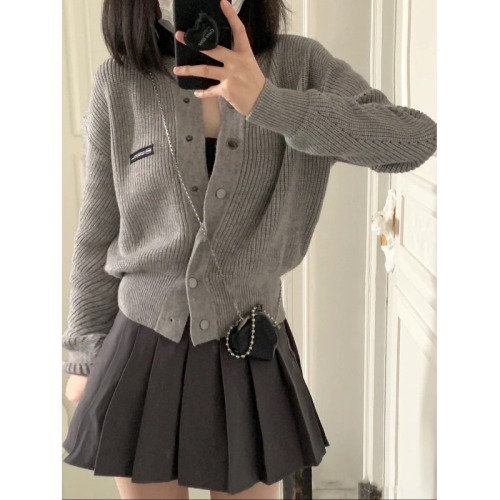 Gray knitted cardigan sweater internet celebrity hot street style small person versatile foreign style outer wear for women spring and autumn