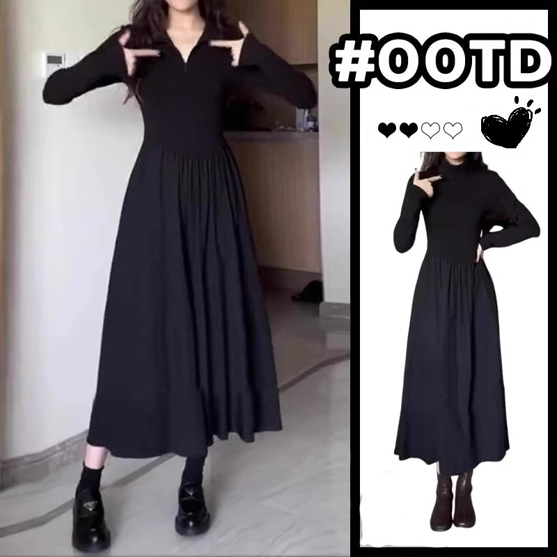 Hepburn style black long-sleeved knitted dress for women spring and autumn new women's slimming inner layered long skirt