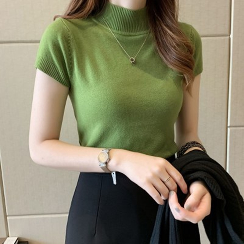 半高領半袖針織衫女秋冬打底衫內搭毛衣修身顯瘦短款背心上衣外穿