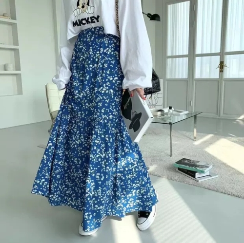 Original Internet celebrity fashion elastic waist high waist slimming A-line floral skirt for women with lining