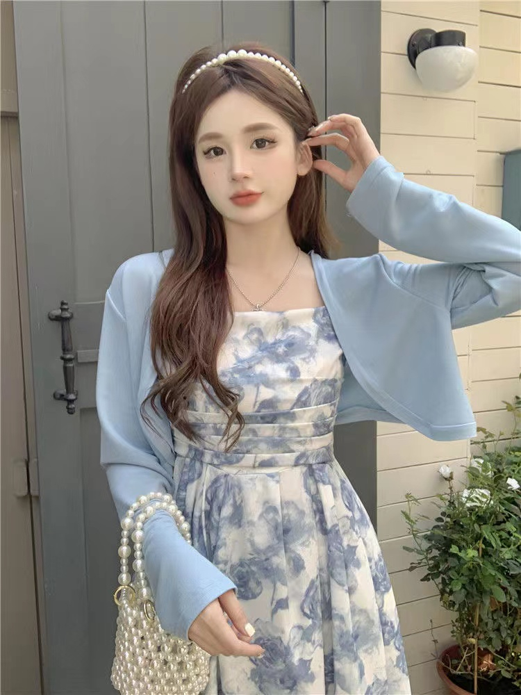 春夏溫柔甜美套裝裙2024新款高腰顯瘦藍色碎花連衣裙長袖小開衫