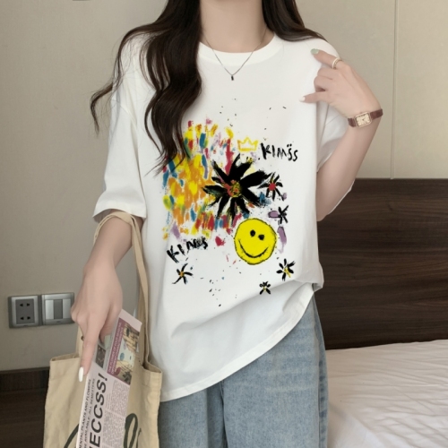 Real shot 100% cotton combed cotton printed summer short-sleeved T-shirt women's loose Korean style