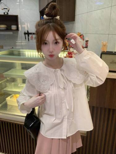 Actual shot~French sweet doll collar hollow crocheted lace straps loose slimming long-sleeved shirt