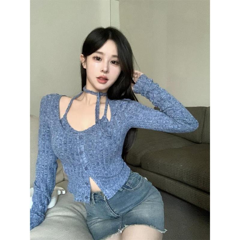 已出貨 兩件套純欲風辣妹套裝短款長袖針織開衫女裝春季性感上衣
