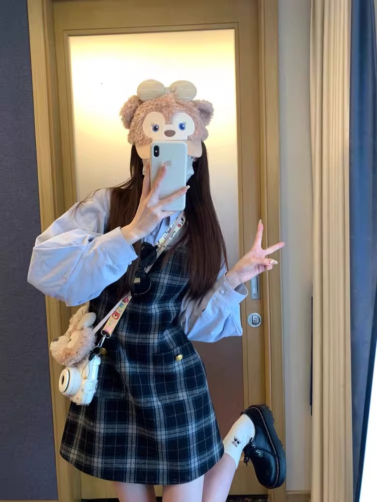 春秋韓版顯瘦收腰修身小眾設計感格子背帶連衣裙子女疊穿襯衫套裝