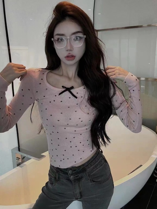 Spring new sweet and spicy polka dot sweater for women long-sleeved slim pure desire short top hot girl t-shirt