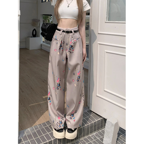 Style retro printed suit pants for women summer loose casual trousers women's sweet wide leg pants